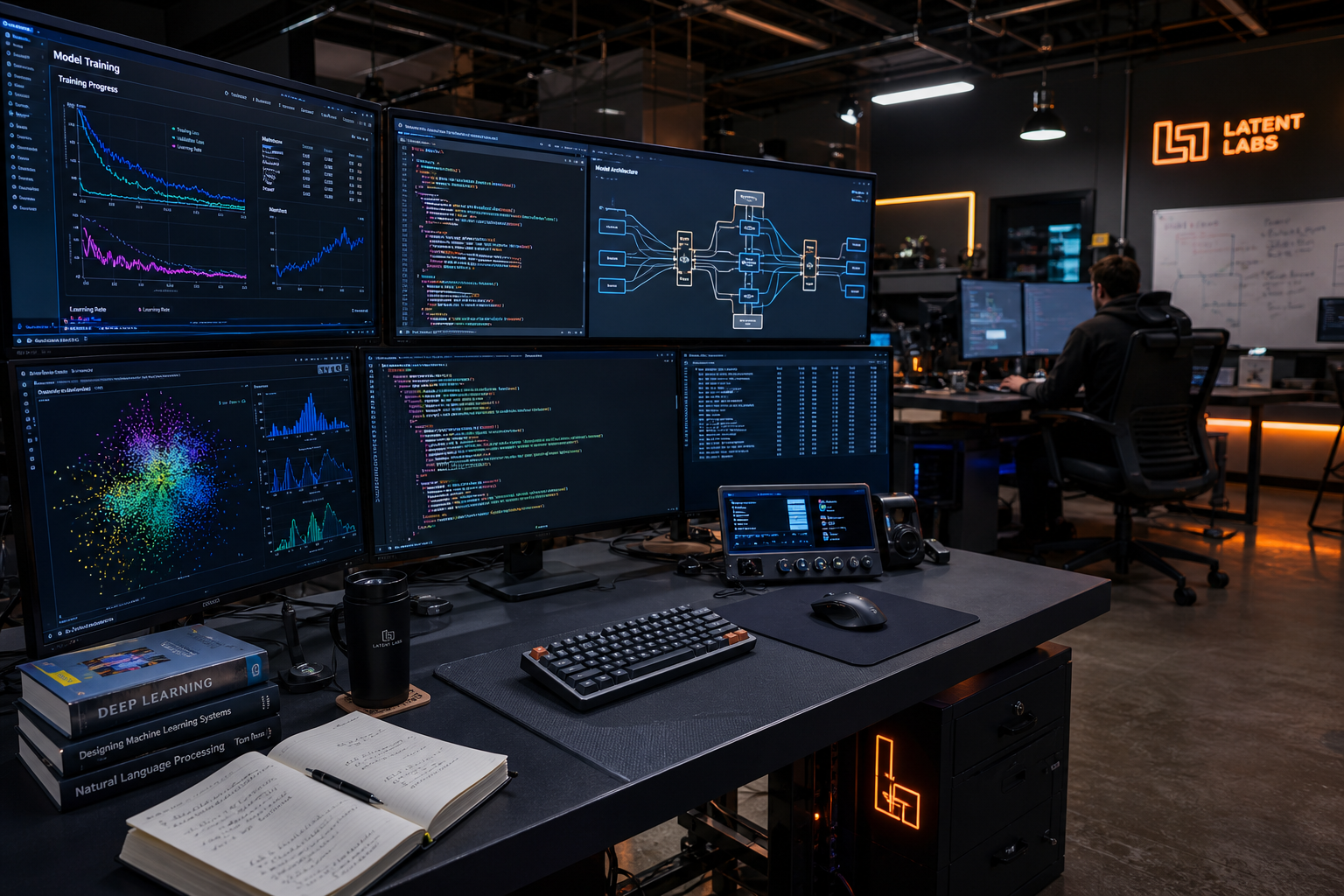 ZORVAYA LTD AI development workspace with multiple monitors showing machine learning training curves and code
